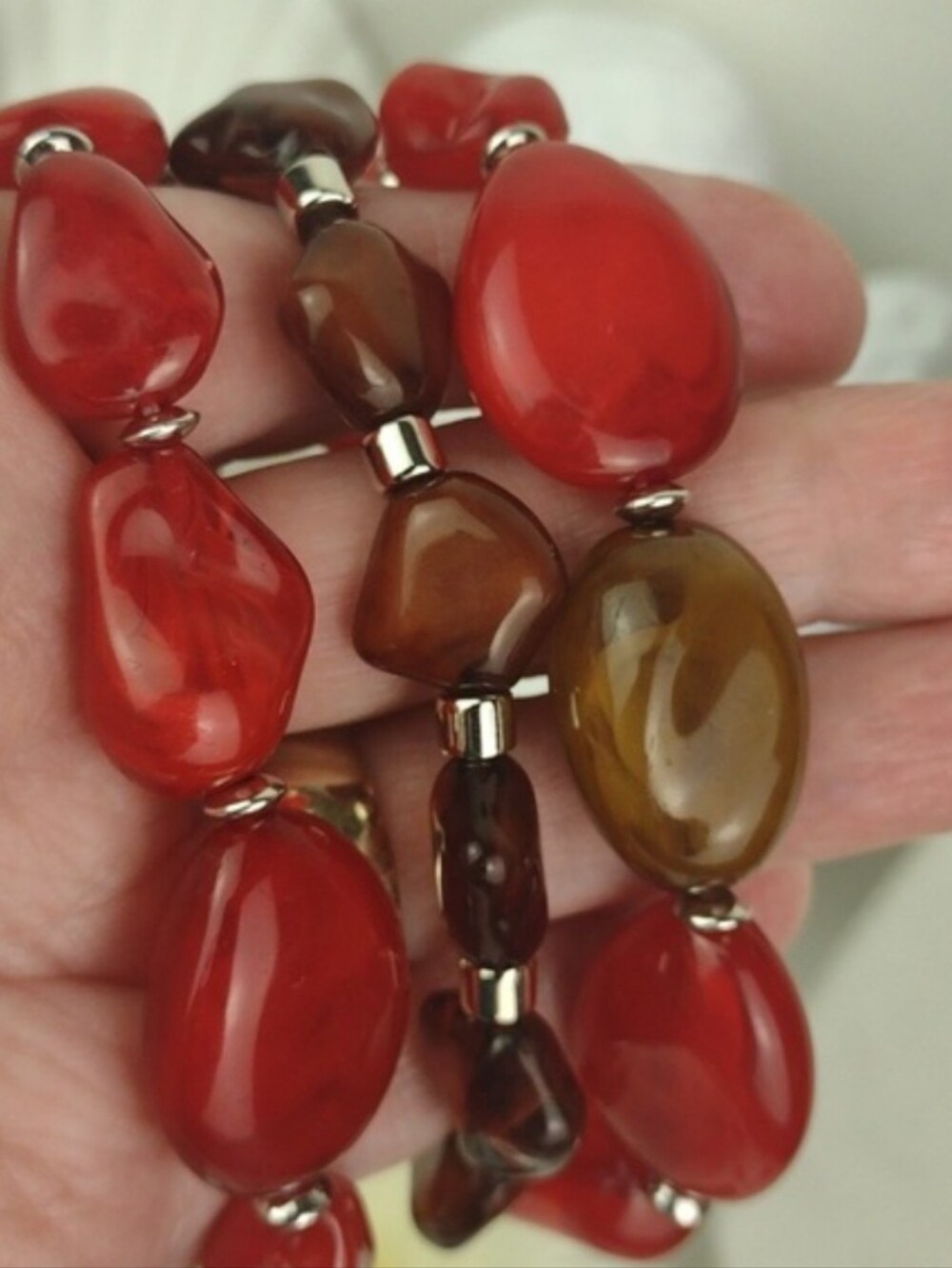Red Brown & Silver Beaded Stretch Bracelets Brand New!